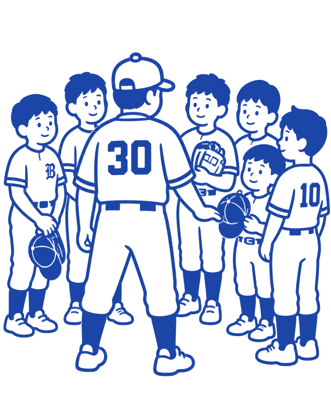背番号30の指導者を囲んで話を聞くC号選手たちのイラスト